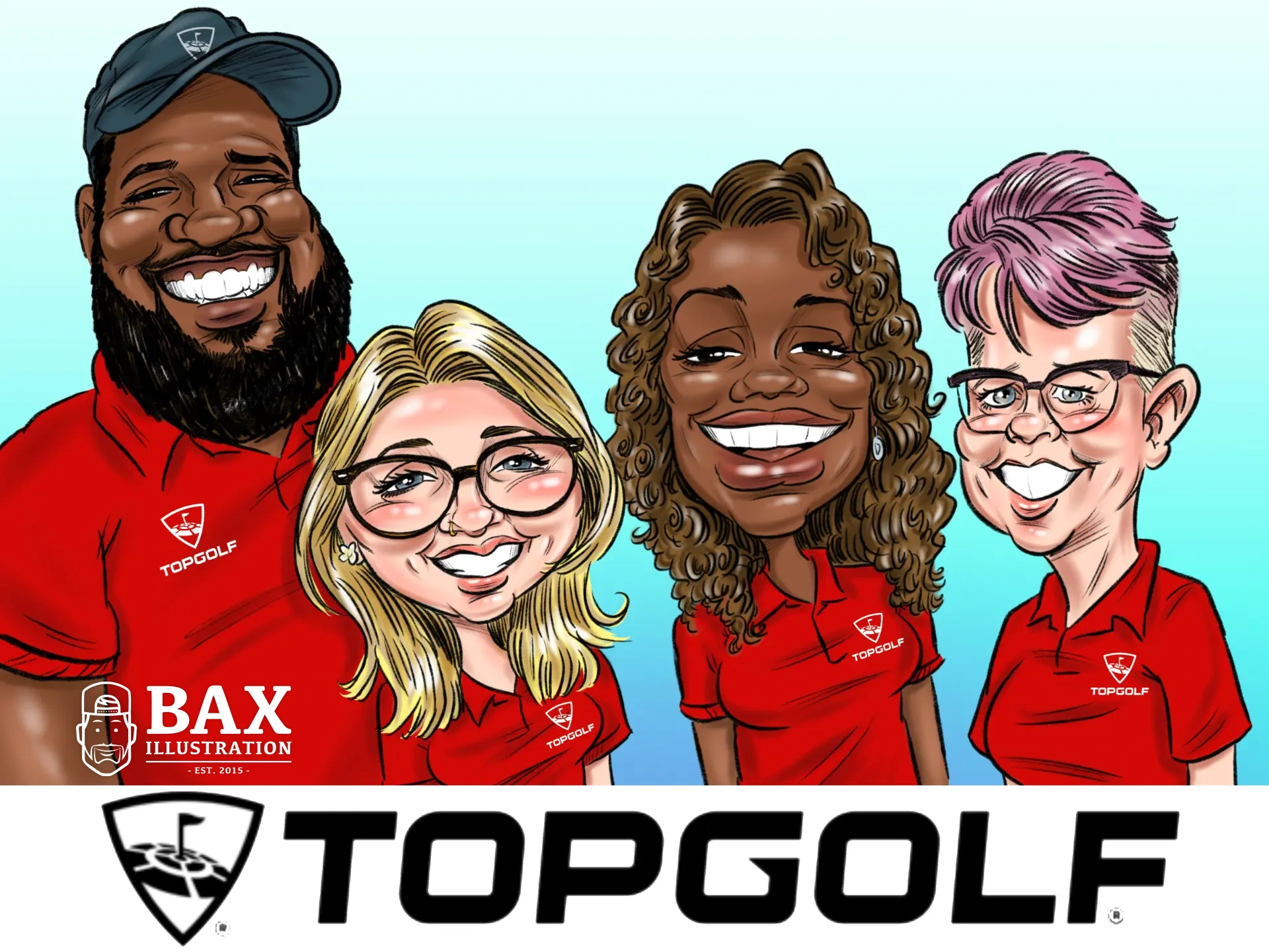 Custom caricature of four Top Golf team members with Bax Illustration branding