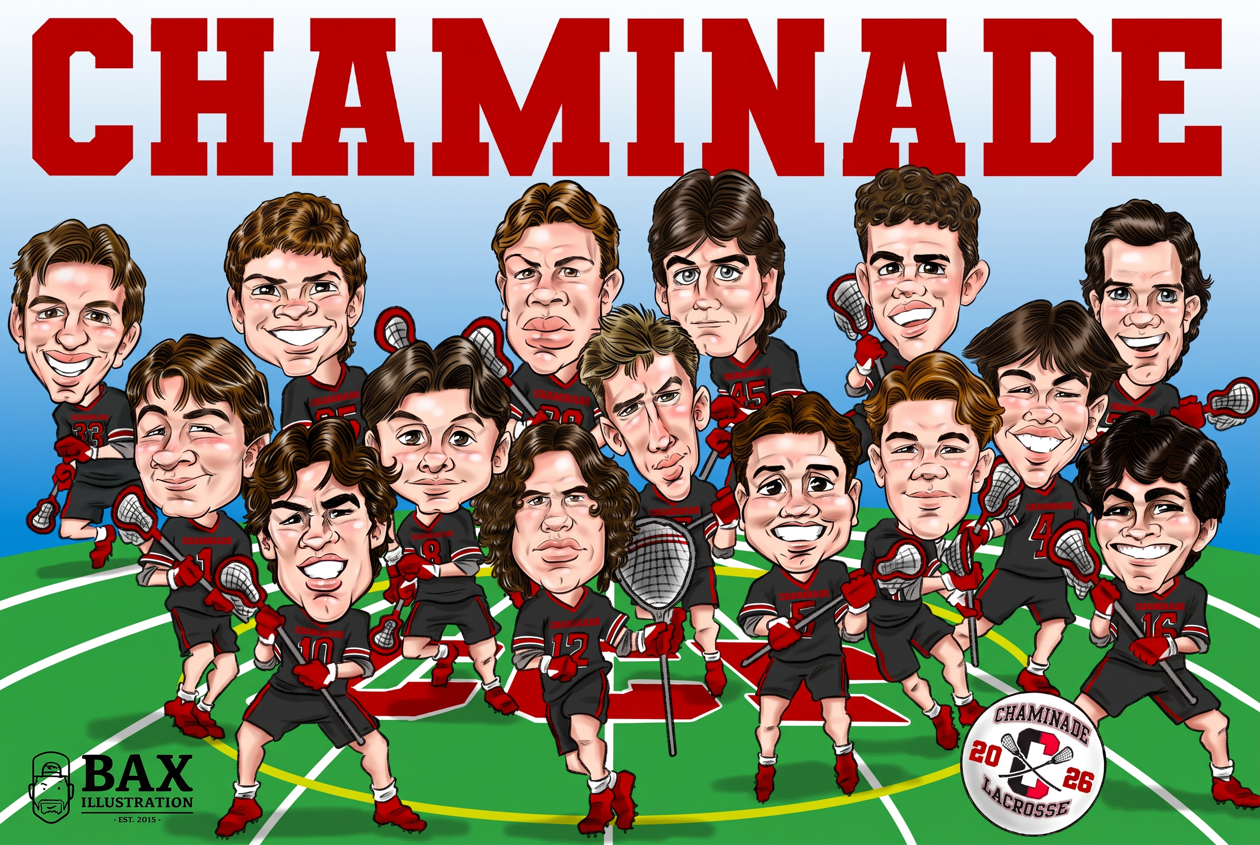 Chaminade lacrosse team caricature on their field