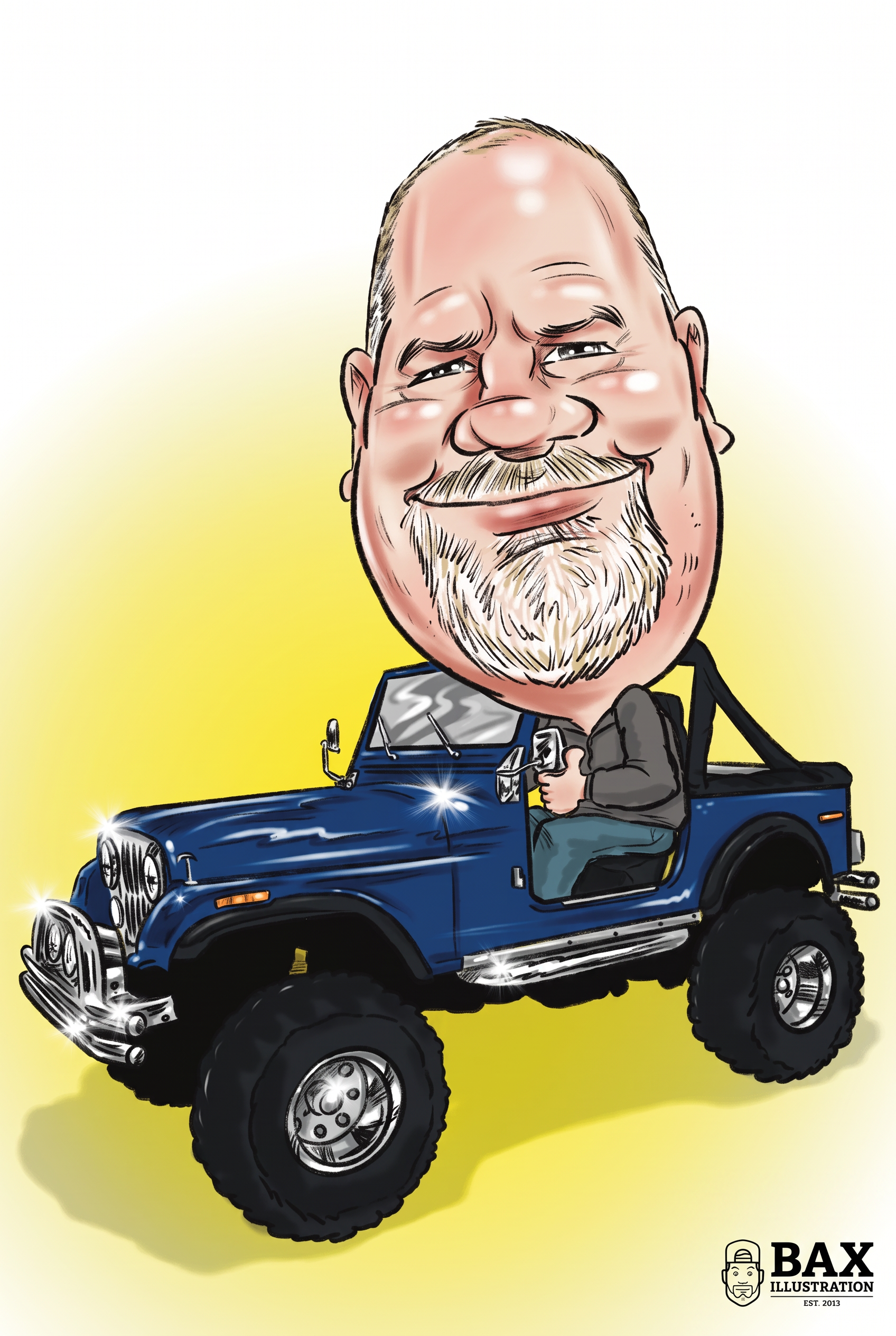 Chris driving a blue Jeep in a custom gift caricature